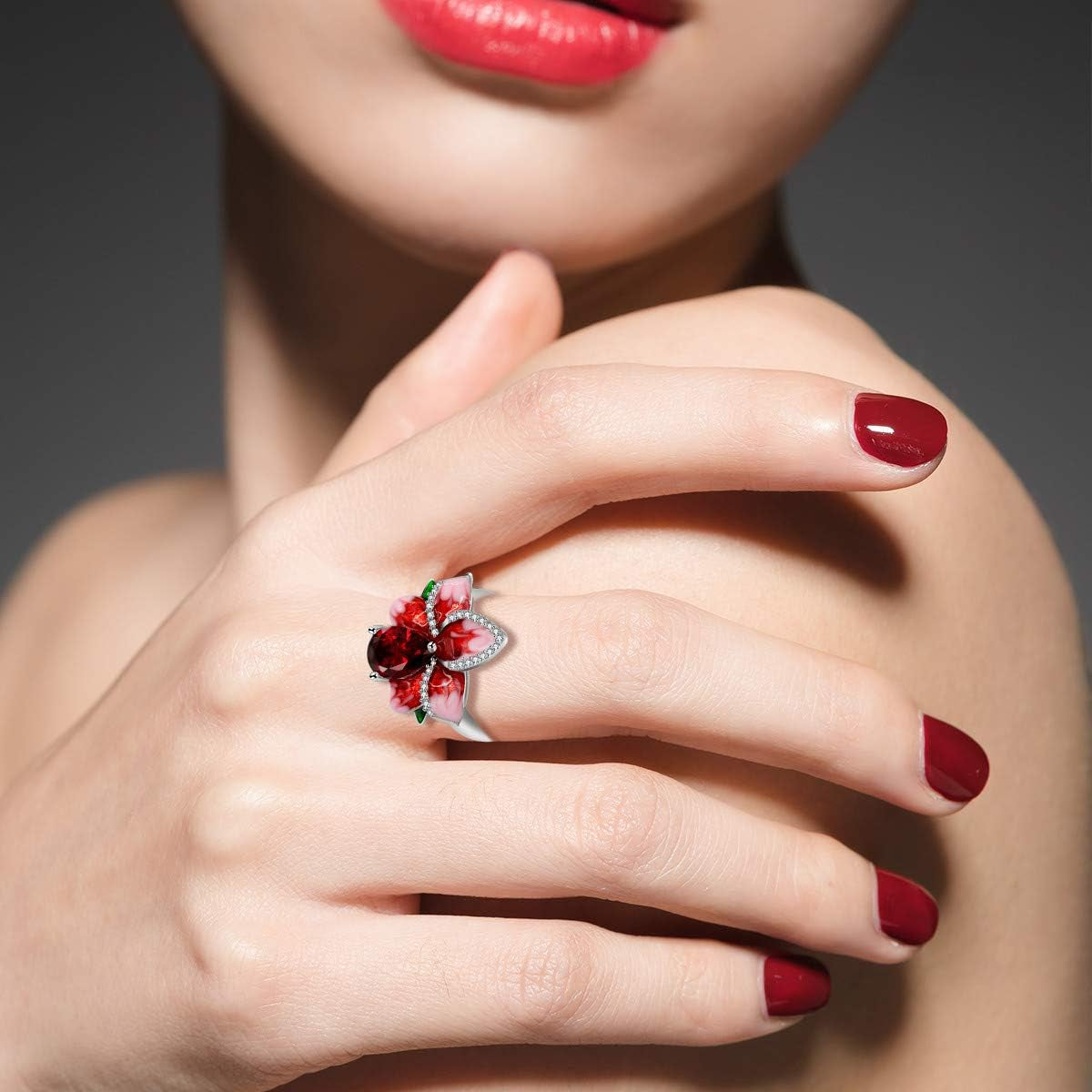 Beautiful Red Enamel Rose Ring for Women Blossom Flower Rings with Pear Cut Cubic Zirconia Cocktail Summer Ring RA627 - WORLD TIME VISITS