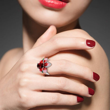Beautiful Red Enamel Rose Ring for Women Blossom Flower Rings with Pear Cut Cubic Zirconia Cocktail Summer Ring RA627 - WORLD TIME VISITS