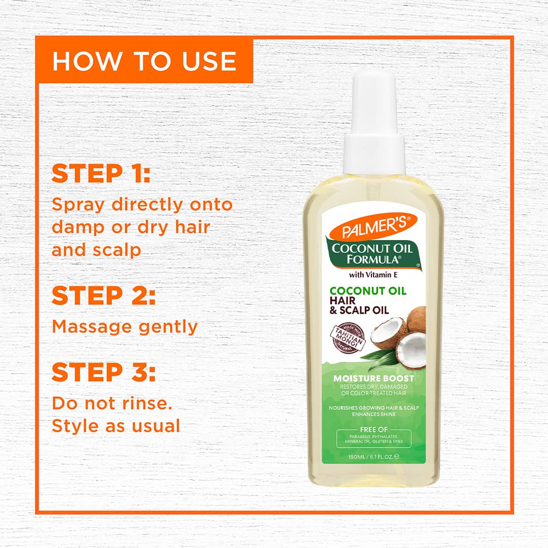 Coconut Oil Moisture Boost, Restorative Hair and Scalp Oil Spray, Lasting Hydration and Shine for Dry or Damaged Hair, Promotes Scalp Health, 5.1 Oz