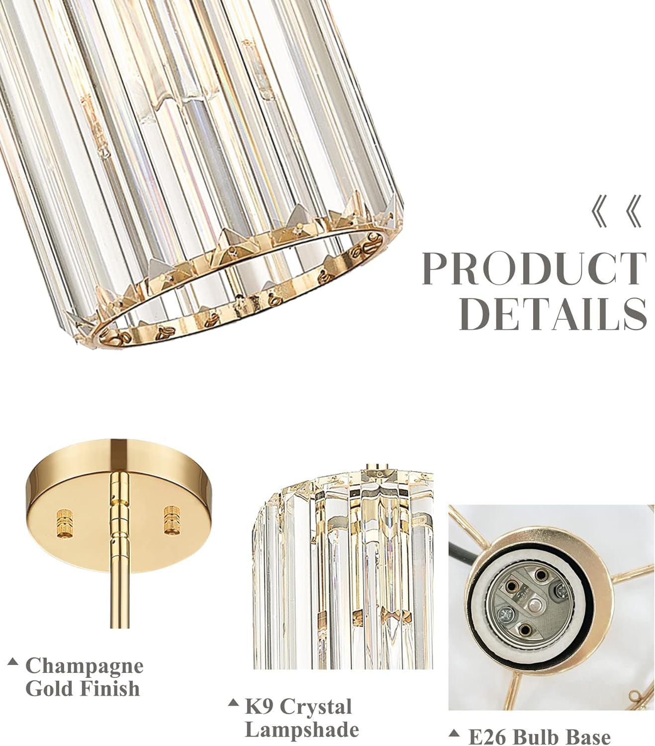 Crystal Pendant Light, Mini Chandelier with Gold Finish, Modern Hanging Light Fixture for Kitchen Dinning Room Bedroom, CKPL5510-1P-CG-B