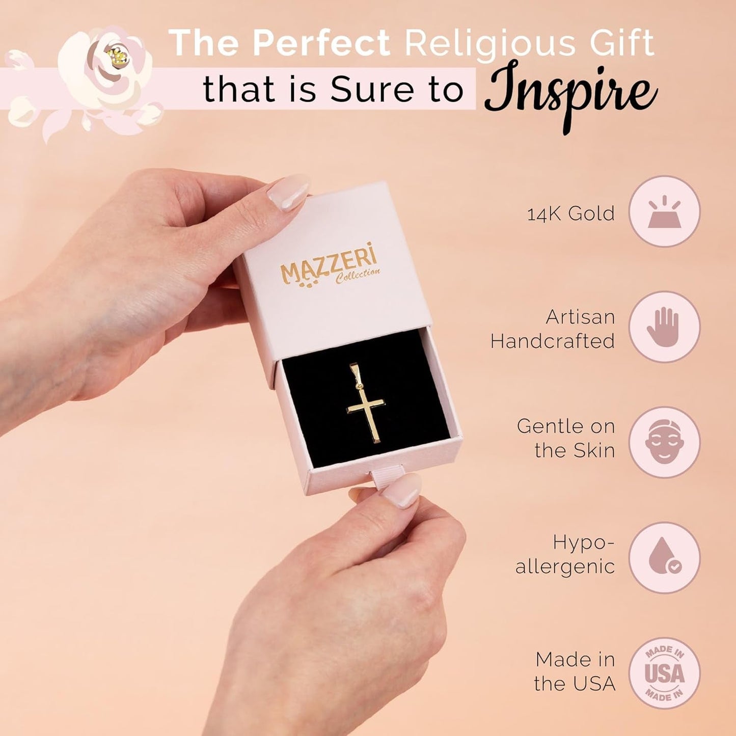 10K or 14K Gold Cross Pendant, Hypoallergenic Gold Religious Charms for Men and Women, Handcrafted in the USA - (1 Inch) - WORLD TIME VISITS