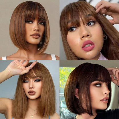 Short Bob Wig with Bangs 10 Inch Brazilian Straight Hair No Lace Front Bob Wig Human Hair Wigs for Black Women Human Hair Glueless Wear and Go Brown Colored