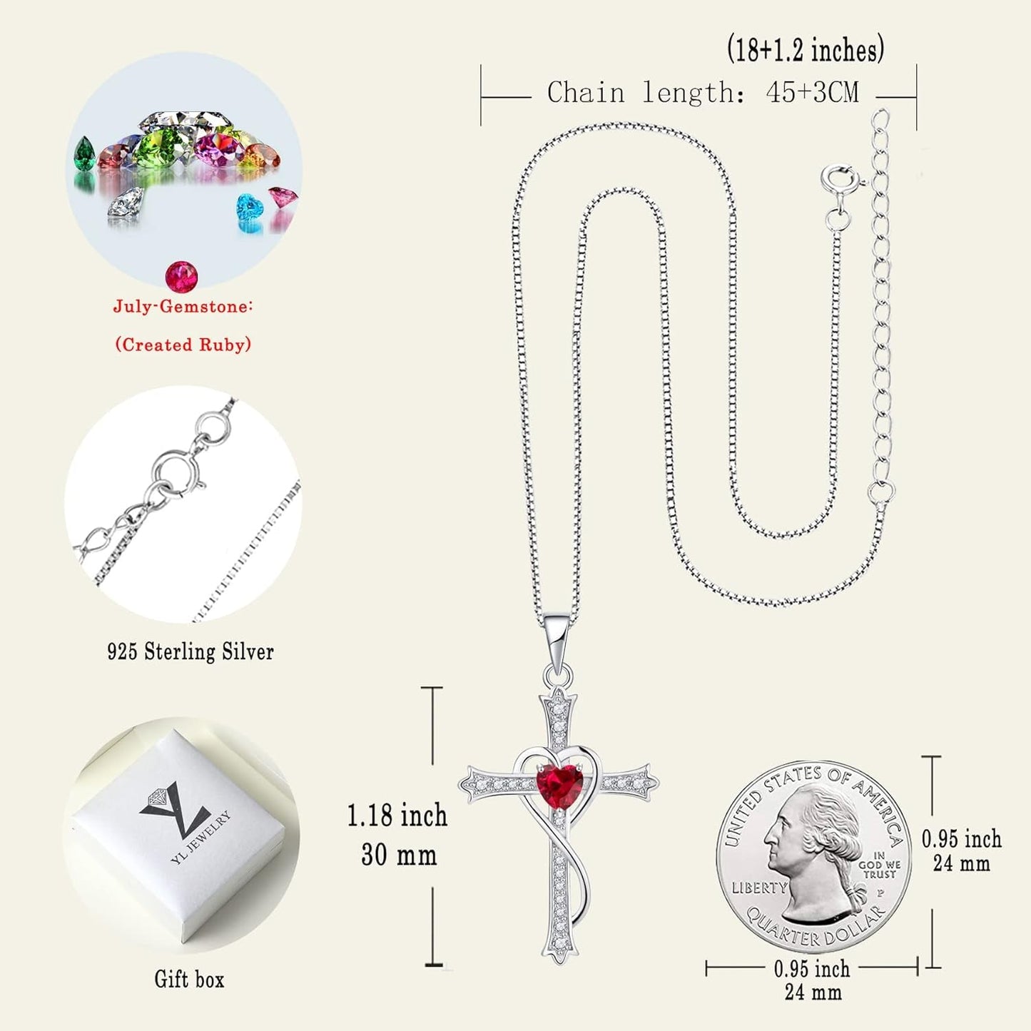 Heart Cross Necklace 925 Sterling Silver Birthstone Twisted Pendant Jewelry for Women