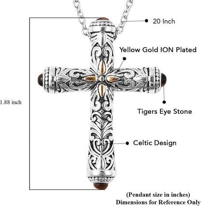 Stainless Steel Celtic Cross Necklace for Women Men Yellow Gold ION Plated Tigers Eye Stone Christian Jewelry Religious Prayer Gifts for Women Chain Size 20" Birthday Gifts