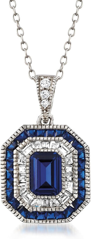 1.80 Ct. T.W. Simulated Sapphire and .52 Ct. T.W. CZ Pendant Necklace in Sterling Silver