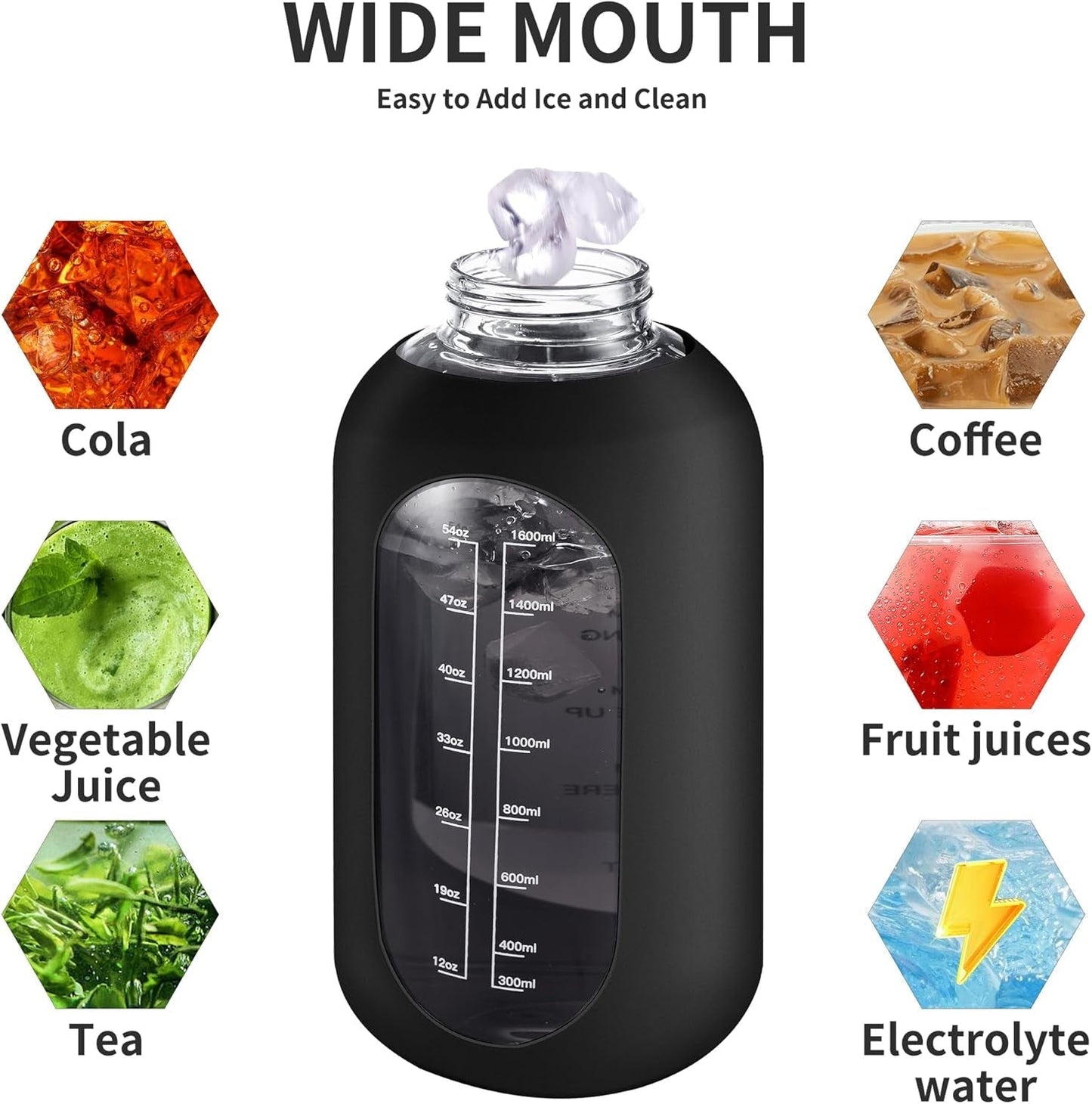 32 Oz Glass Water Bottle with Straw and Handle, Large Sports Motivational Water Bottle Flask with Time Marker and 2 Lids, Leakproof Water Jug Canteen with Silicone Sleeve for Gym,Navy