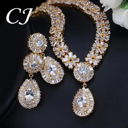 CANDICE African Gold Plating Hand-Inlay CZ Pendant Necklace and Earrings Gorgeous Dubai Women Wedding Party Tear Drop Jewelry Set with Red Crystal