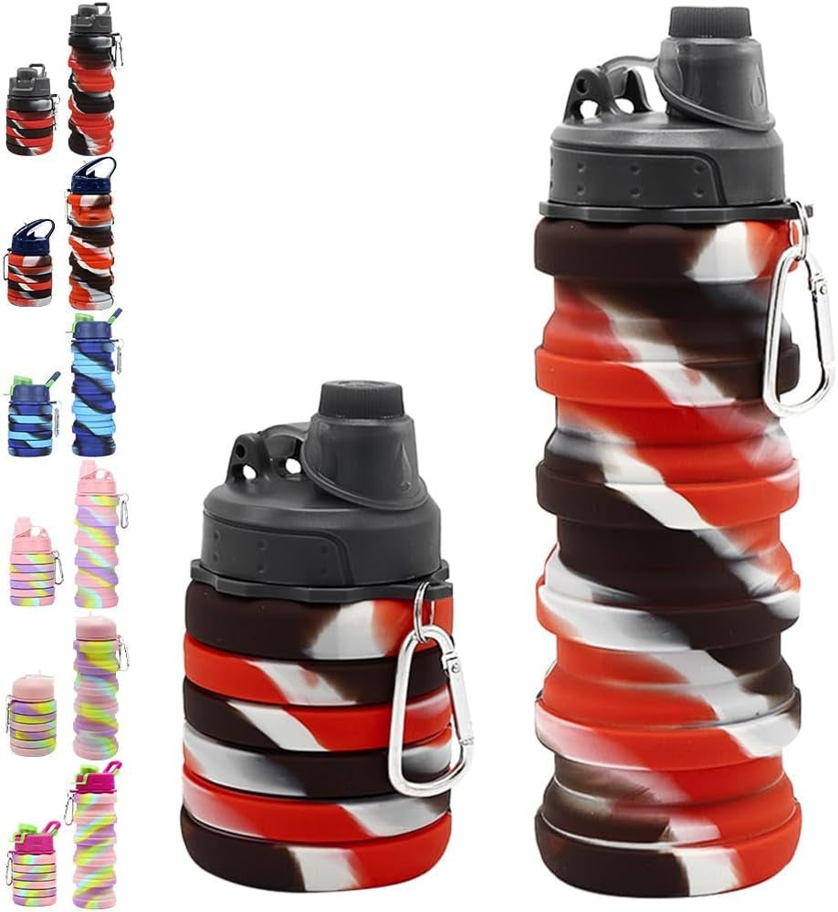 Silicone Collapsible Water Bottles, 16Oz 500Ml Portable Foldable Expandable Water Bottle Sports Cups, Leak Proof Reusable BPA Free, for Outdoor Activities Travel (A-Black Red) - WORLD TIME VISITS