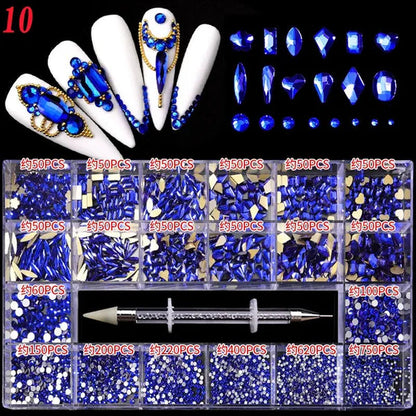 3000Pcs/Box Mixed AB Glass Crystal Diamond In Grids 21 Shape and  Flatback Nail Art Rhinestone Set with 1 Pick Up Pen