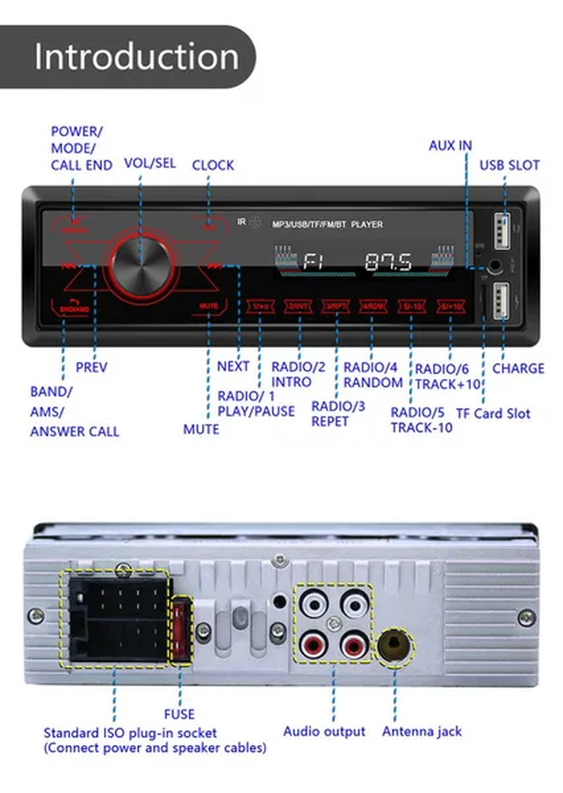 Podofo Autoradio 12V 1Din Car Radio Bluetooth Car Stereo In-Dash Car Audio Phone AUX-IN Fm/Usb/Radio Remote Control MP3 Player