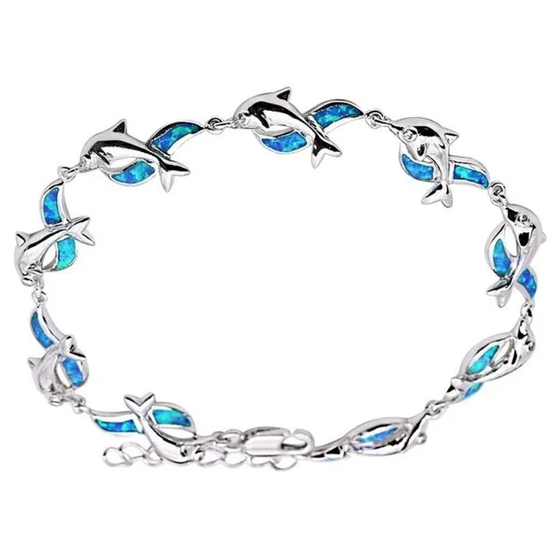 Womens Jewelry 925 Sterling Silver Dolphin Style Blue/red  Fire Opal Diamond Charm Chain Bracelet
