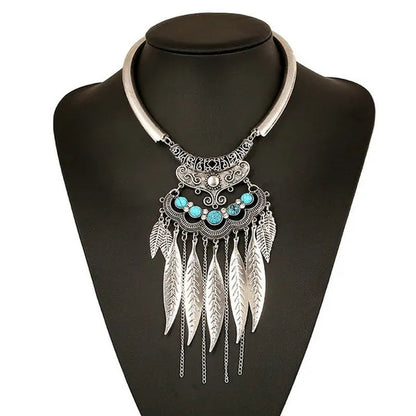 Bohemian Gypsy Ethnic Choker Collar Vintage Leaf Tassel Maxi Statement Pendant Necklace Jewelry