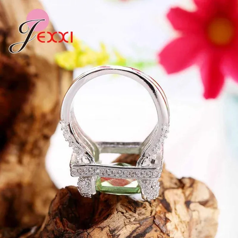Green 925 Sterling Silver Rings for Women Ring with Crystal for Lovers Wedding Jewelry Bague Femme Bijoux Anillos Mujer