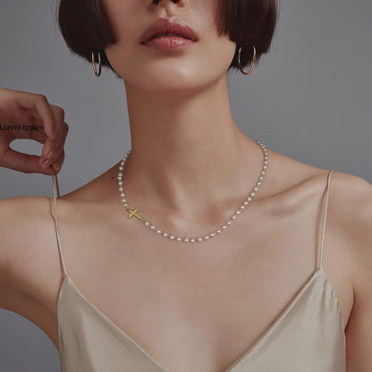 14K Gold Plated Cross Necklace for Women, Gold Pearl Necklace with Cross Pendant Dainty Cross Choker Necklace Trendy Faith Jewelry Religious Gifts
