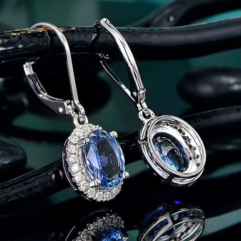 Exquisite 4 Prong Setting Oval Blue Sapphire Side Micro Inlay Diamond Drop Earring for Women Engagement Wedding Jewelry