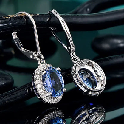 Exquisite 4 Prong Setting Oval Blue Sapphire Side Micro Inlay Diamond Drop Earring for Women Engagement Wedding Jewelry