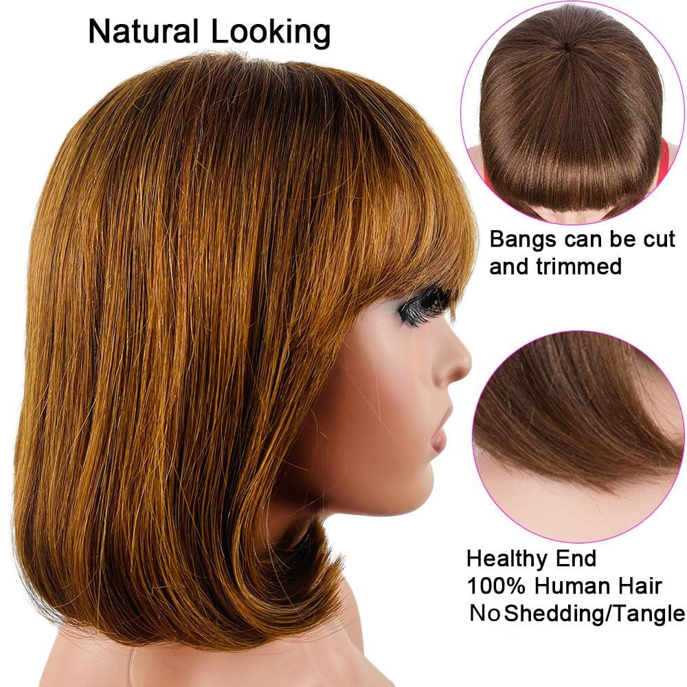Short Bob Wig with Bangs 10 Inch Brazilian Straight Hair No Lace Front Bob Wig Human Hair Wigs for Black Women Human Hair Glueless Wear and Go Brown Colored