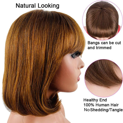 Short Bob Wig with Bangs 10 Inch Brazilian Straight Hair No Lace Front Bob Wig Human Hair Wigs for Black Women Human Hair Glueless Wear and Go Brown Colored