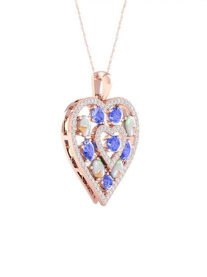 Gemstone 10K Rose Gold Oval Cut Ethiopian Opal and Tanzanite 1/4 CT TW Diamond Halo Heart Pendant Necklace