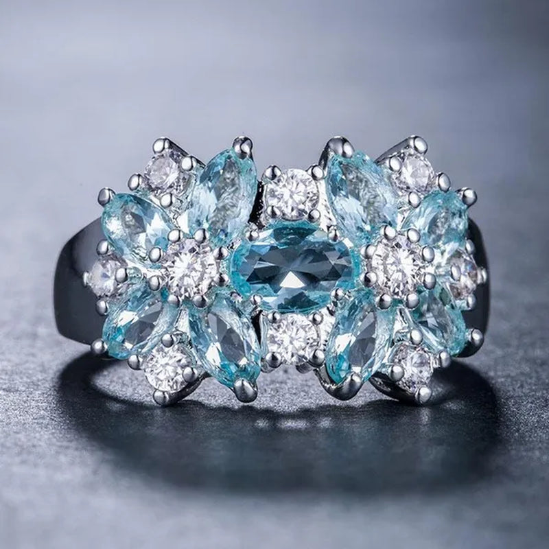 Fashion Women Blue Sapphire Flower Rings Crystal Zircon Gemstone Rings Size 6-10