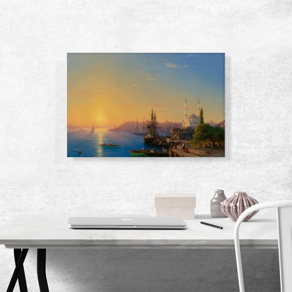 View of Constantinople and the Bosphorus 1856 Canvas Art Print Stretched Framed Painting Picture Poster Giclee Wall Decor by Ivan Aivazovsky - 26" X 18" (0.75" Deep) - WORLD TIME VISITS