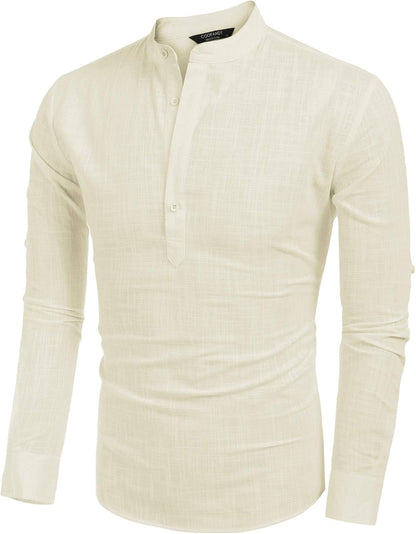Men'S Cotton Linen Henley T-Shirts Long Sleeve Hippie Casual Beach T-Shirts