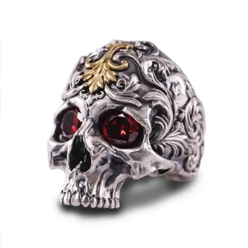 Vintage 316L Stainless Steel Carved Exquisite Pattern Skull Ring Men's Ruby Ring Antique Art Totem Ring Gothic Punk Jewelry Gift