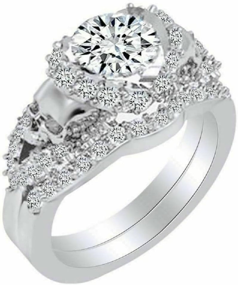 round Cut White Diamond 925 Sterling Silver 14K White Gold over Diamond Halo 2 Skull Wedding Band Bridal Ring Set for Women - WORLD TIME VISITS