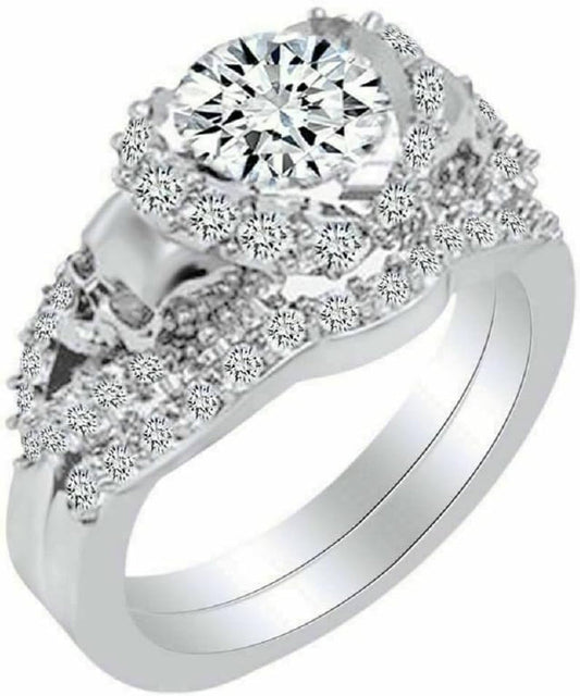 round Cut White Diamond 925 Sterling Silver 14K White Gold over Diamond Halo 2 Skull Wedding Band Bridal Ring Set for Women - WORLD TIME VISITS