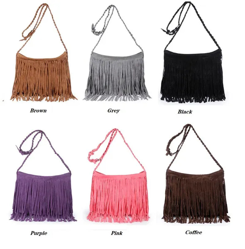 Womens Fashion Faux Suede Fringe Tassel Shoulder Bag Beach Handbags Messenger Bag（6 Colors） - WORLD TIME VISITS