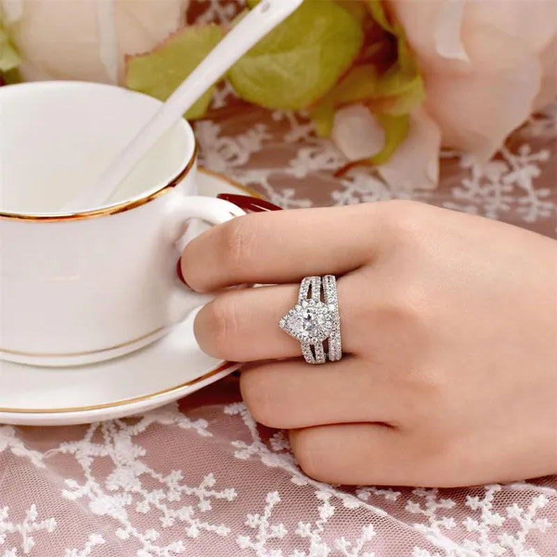 Newshe 4 Carats Wedding Teardrop Shape Engagement Ring Set for Women 925 Sterling Silver White Cubic Zirconia Size 4-13