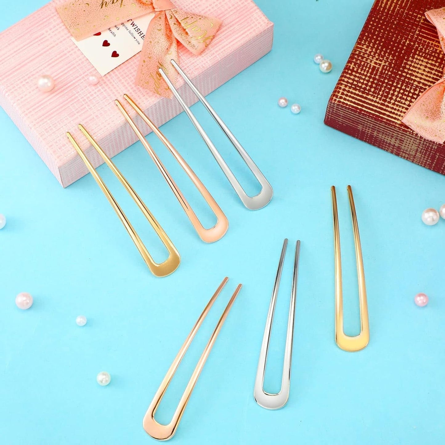6 Pieces Hair Pins Simple Metal U Shaped French Gold Hair Fork Sticks 2 Prong Updo Chignon Pins for Women Lady Buns Accessories(Gold, Silver, Rose Gold)