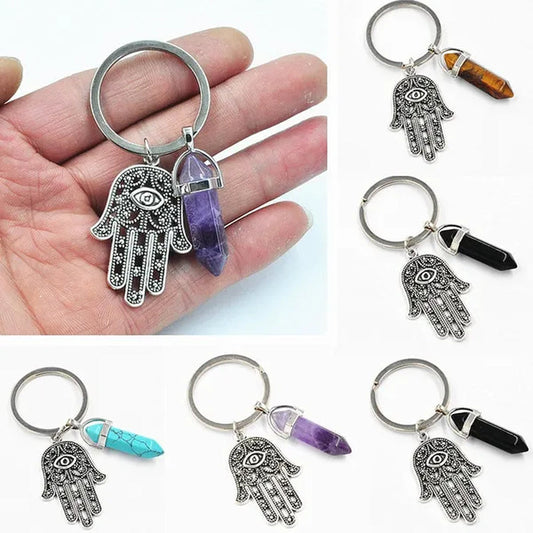 1Pcs Natural Quartz Crystal Point Chakra Healing Stone Gem Stone Pendant Keyring Key Chain Ring Family Gifts