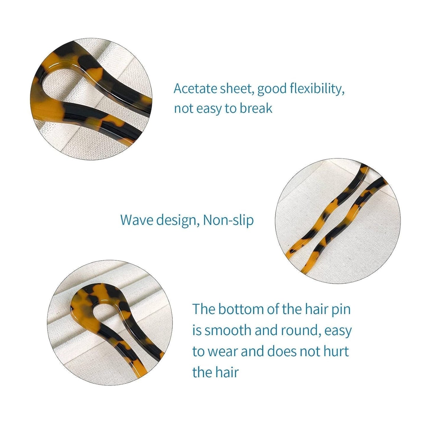 4.6Inch U Shaped Acetate French Hair Pin Tortoise Shell 2 Prong Bun Hair Sticks for Women Thick Long Hair(Pack of 3)