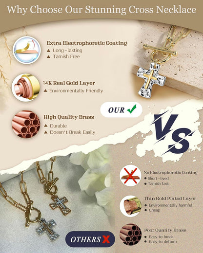 Chunky Cross Necklace for Women, 14K Gold/Silver Plated Statement Paperclip Chain Double Cross Pendant Necklaces Non Tarnish for Faith Religious Christian Jewelry Gifts - WORLD TIME VISITS