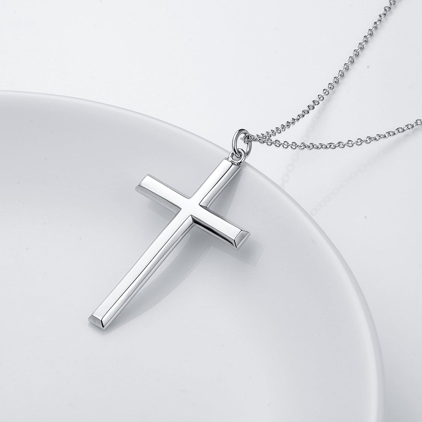 S925 Sterling Silver Large Cross Christian Faith Pendant Necklace 24 Inches Silver Chain Jewelry for Men Women