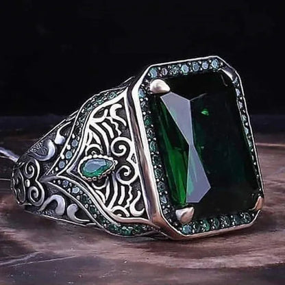 Ring Men's Retro Ethnic Texture Inlaid Large Grain Sapphire, Ruby, Black Gem, Emerald Ring, Domineering Fashion Jewelry Accessories, Father's Day Boyfriend Memorial Day Gift, Party Business Casual Jewelry - WORLD TIME VISITS