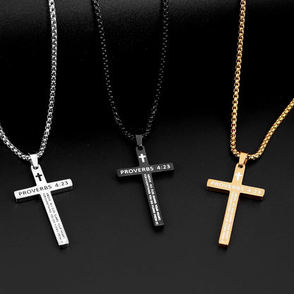 Bible Verse Cross Necklace for Men, Stainless Steel Mens Necklace, Black/Gold/Silver Tone Cross Pendant for Men