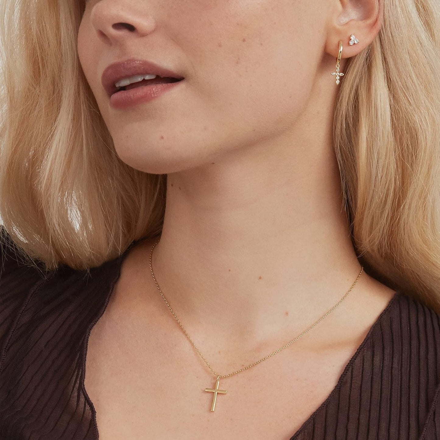 14K Gold Plated Cubic Zirconia Cross Pendant Necklaces for Women | Linear Bezel CZ Religious Cross Faith Pendant Necklace
