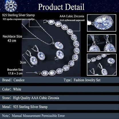 CANDICE European Clear Oval CZ Stone Necklace Earrings Tennis Bracelet Ring for Women Fashionable Sterling Silver Plated Plated Party Jewelry Set