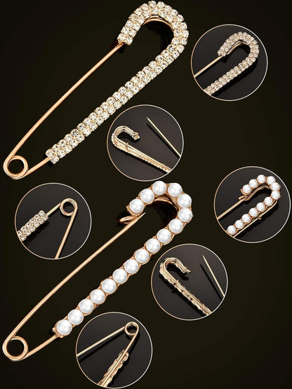 Women Brooch Pins Sweater Shawl Clips Faux Crystal Pearl Brooches Safety Pins Dress Shirt Clips for Women Gold Silver (4 Pieces) - WORLD TIME VISITS