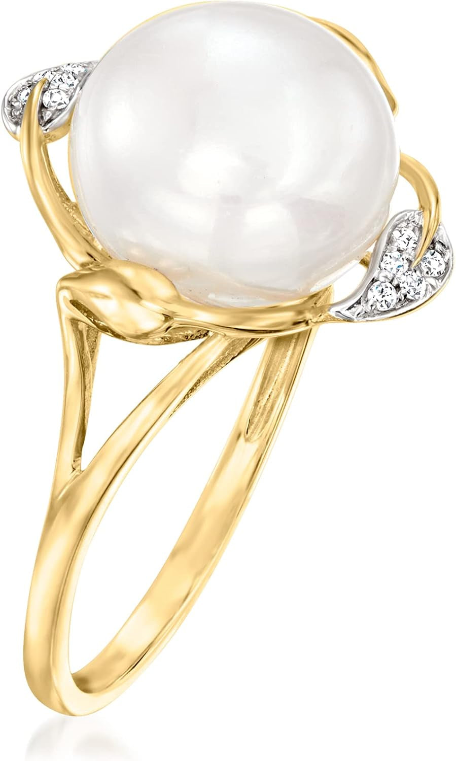 10-10.5Mm Cultured Pearl Leaf Ring with Diamonds in 14Kt Yellow Gold. Size 9