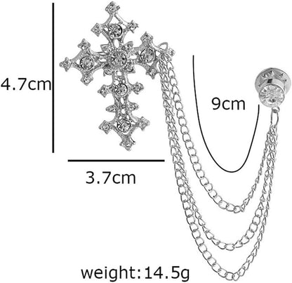 Vintage Cross Tassel Chain Brooch Collar Pin,Crystal Rhinestone Cross Long Chain Lapel Pin,Suit Coat Breastpin Jewelry for Women Men (Silver)