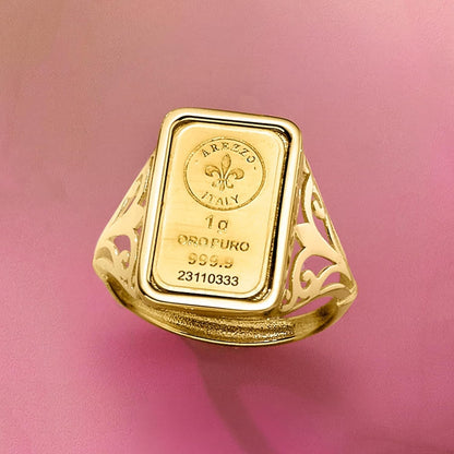 Italian 24Kt Yellow Gold Fleur-De-Lis 1-Gram Ingot Ring with 14Kt Yellow Gold Band