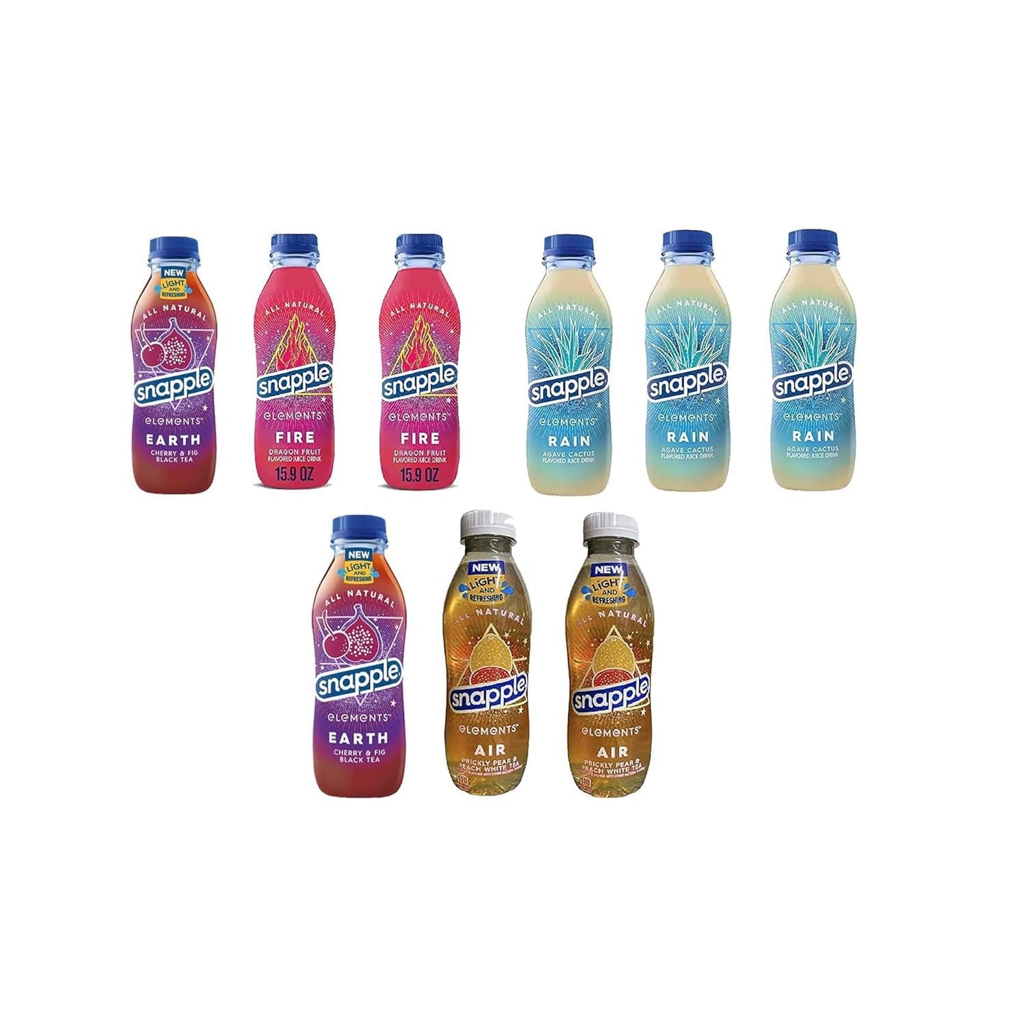 BOX Snapple JUICE DRINK VARIETY PACK, Fire Dragon Fruit, Air Prickly Pear & Peach White Tea, Rain Agave Cactus,15.9 Fl Oz Recycled Plastic Bottle, Pack of (9)