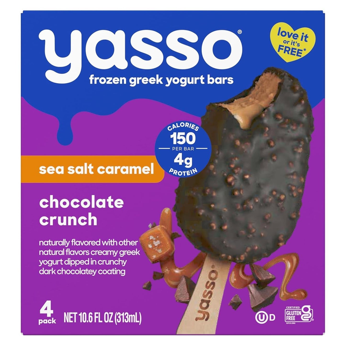 Frozen Greek Yogurt Bars Sea Salt Caramel Chocolate Crunch Bars 4 Count for a Ridiculously Creamy Frozen Snack Made with the Goodness of Greek Yogurt 2.65Fl Oz