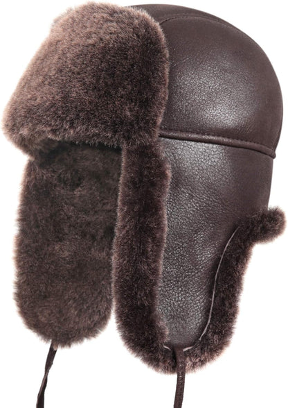 Leather Aviator Shearling Ushanka Trapper Hat Russian Sheepskin Cap Real Fur Winter Hat with Ear Flaps for Men Women - WORLD TIME VISITS
