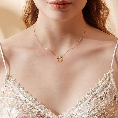 14K Solid Yellow Gold Sapphire Topaz Amethyst Garnet Peridot Citrine Multigemstone round Open Circle Pendant Necklace Gift for Her Mom Women, 16" + 2" Extender