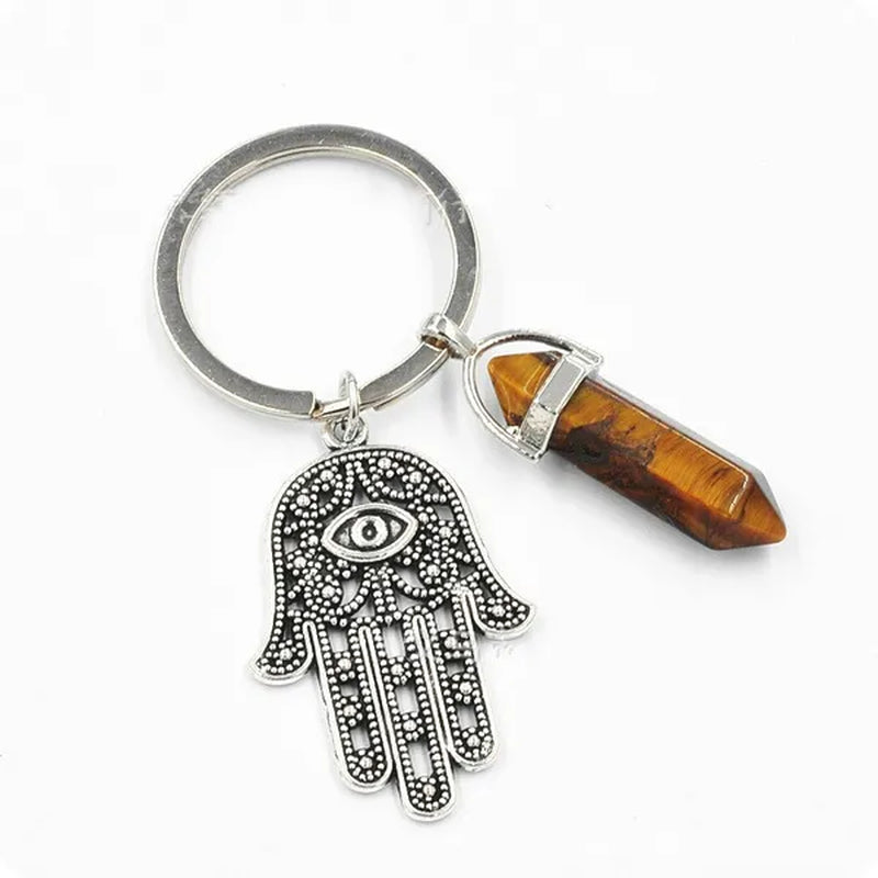 1Pcs Natural Quartz Crystal Point Chakra Healing Stone Gem Stone Pendant Keyring Key Chain Ring Family Gifts