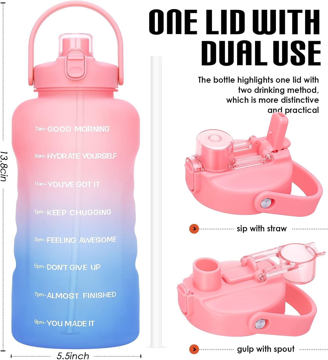 1 Gallon Water Bottles with Straw, 128 Oz / 3.8L Water Bottle BPA Free Innovative 2-IN-1 Lid Gym Bottle with Times to Drink Motivational, Large for Sports Fitness Camping Water Jug One Gallon